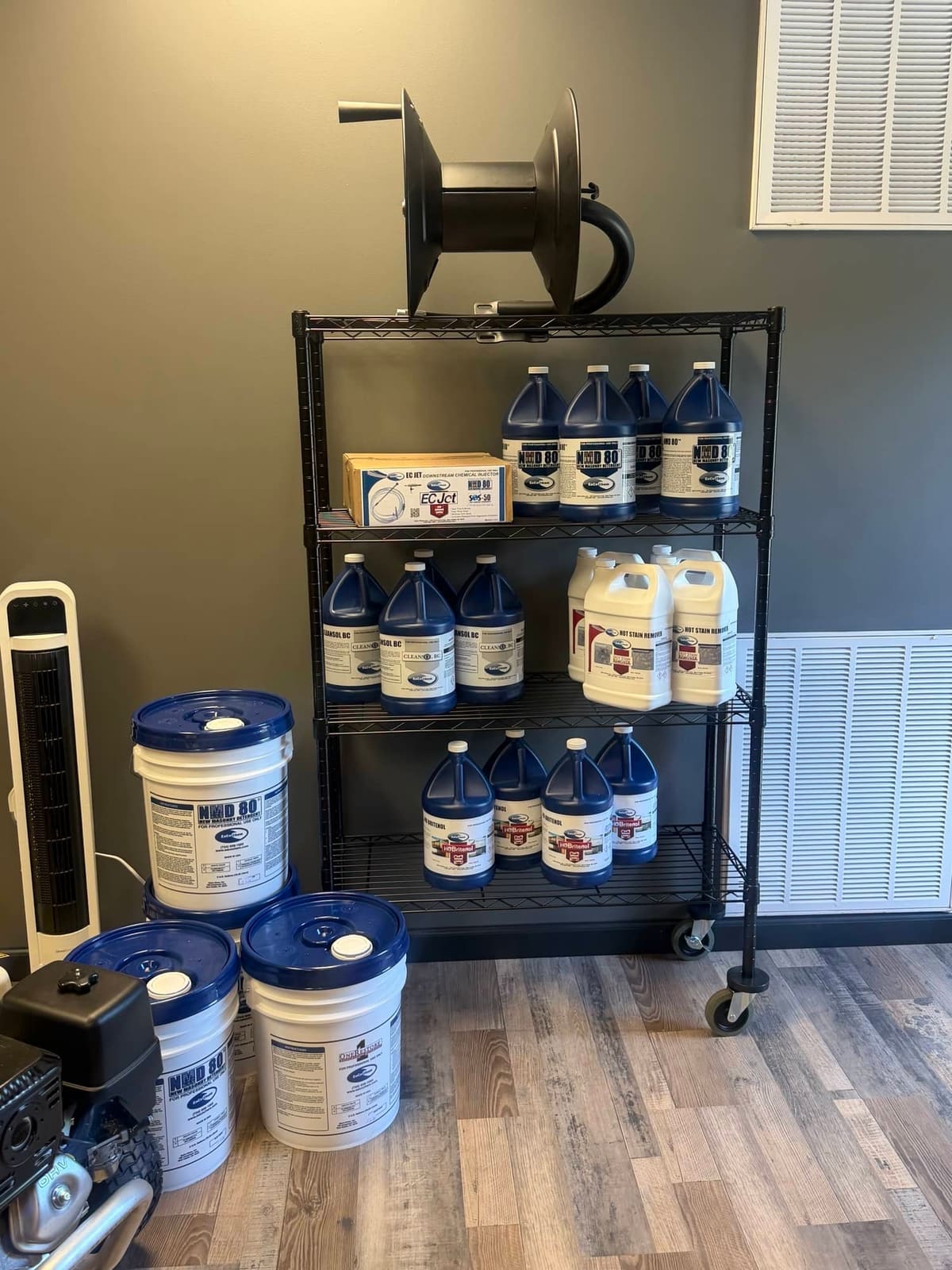EaCo Chem OneRestore buckets on shelf at Desco Equipment
